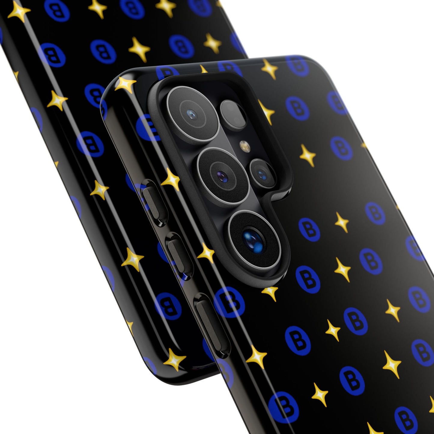 Bitcoin Pattern Tough Phone Case — Blue B Logo & Gold Stars Protective Cover