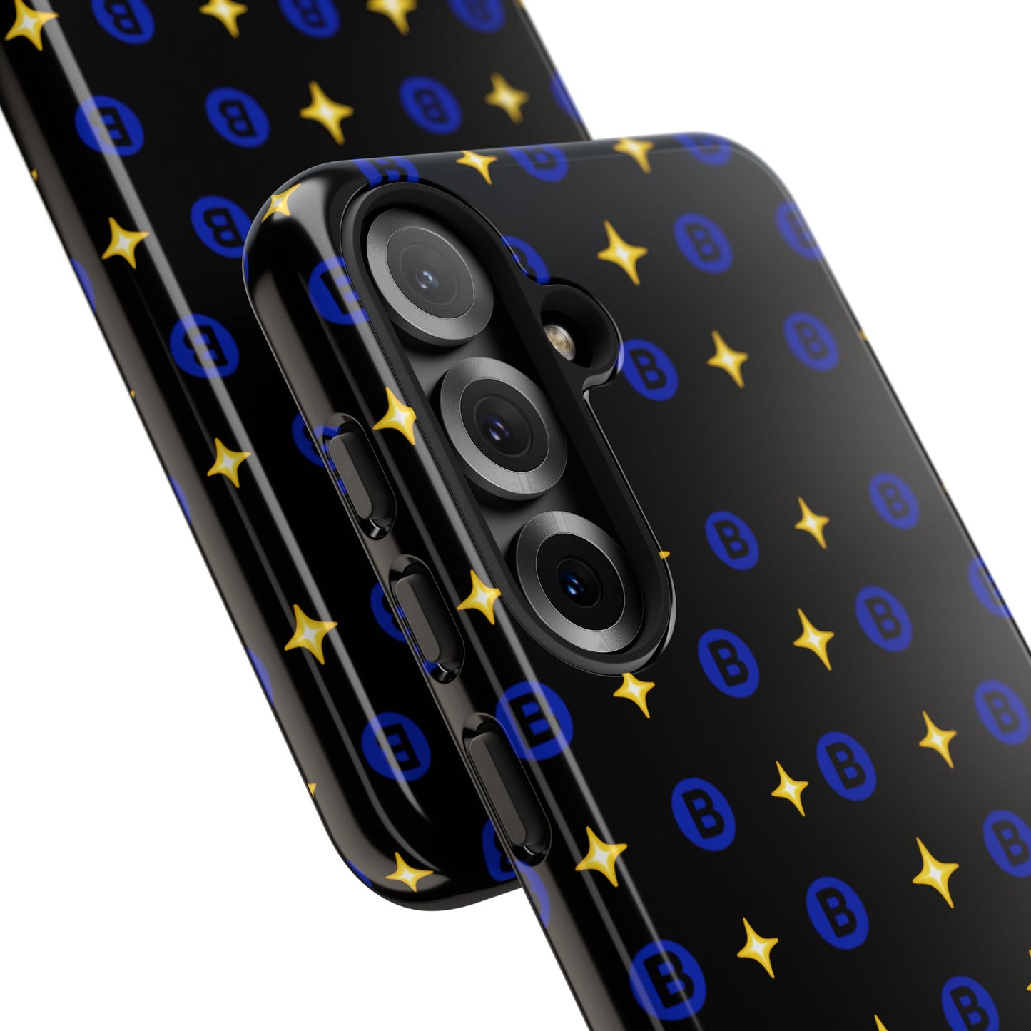 Bitcoin Pattern Tough Phone Case — Blue B Logo & Gold Stars Protective Cover