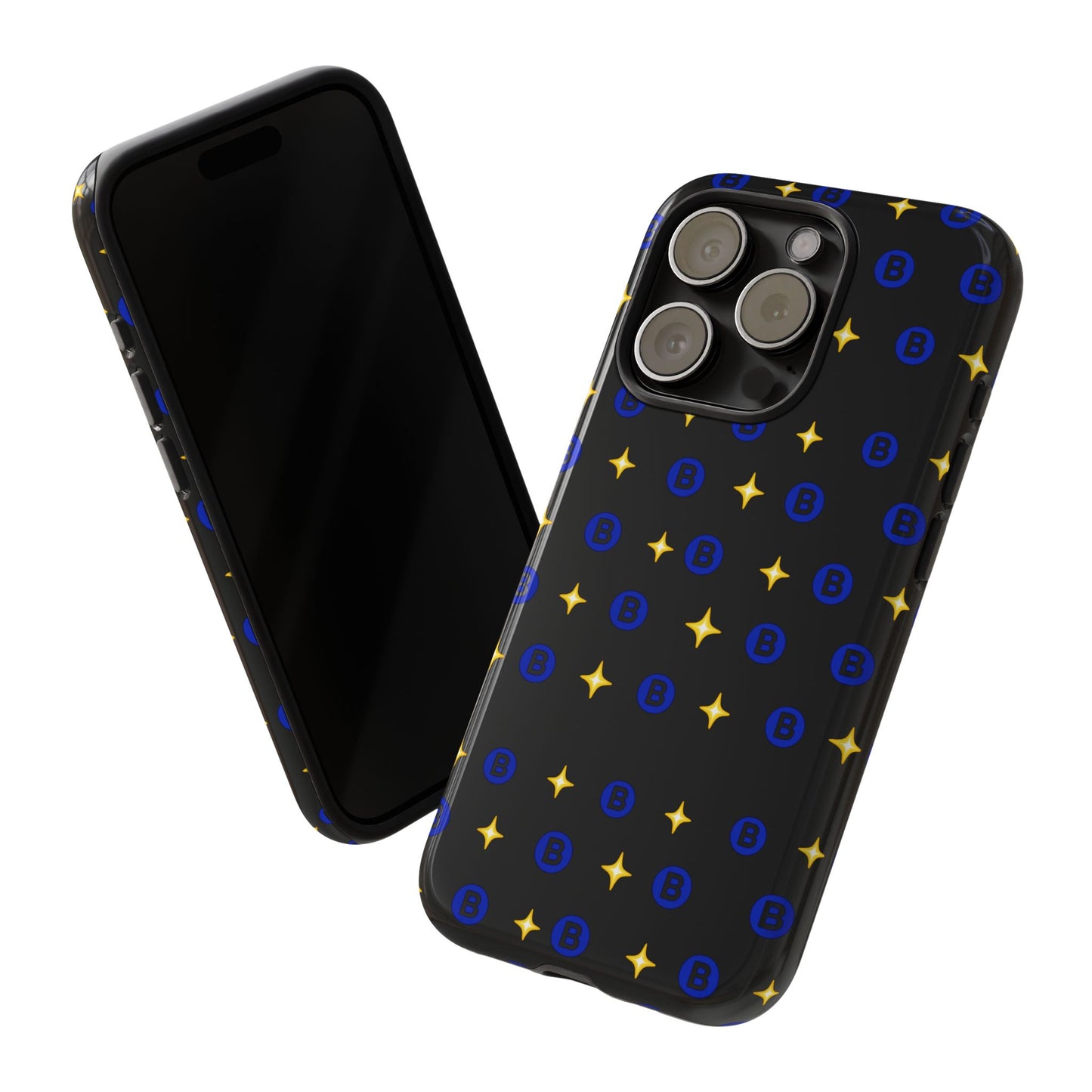 Bitcoin Pattern Tough Phone Case — Blue B Logo & Gold Stars Protective Cover