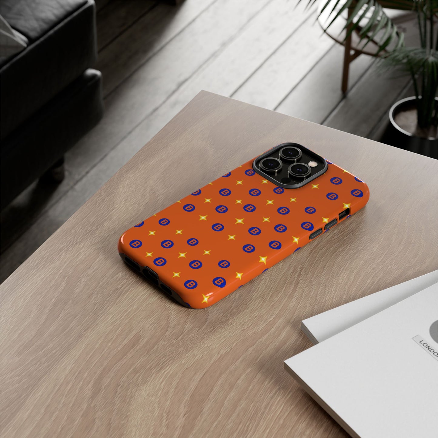 Orange Retro Sparkle Phone Case — Monogram B Pattern Tough Case