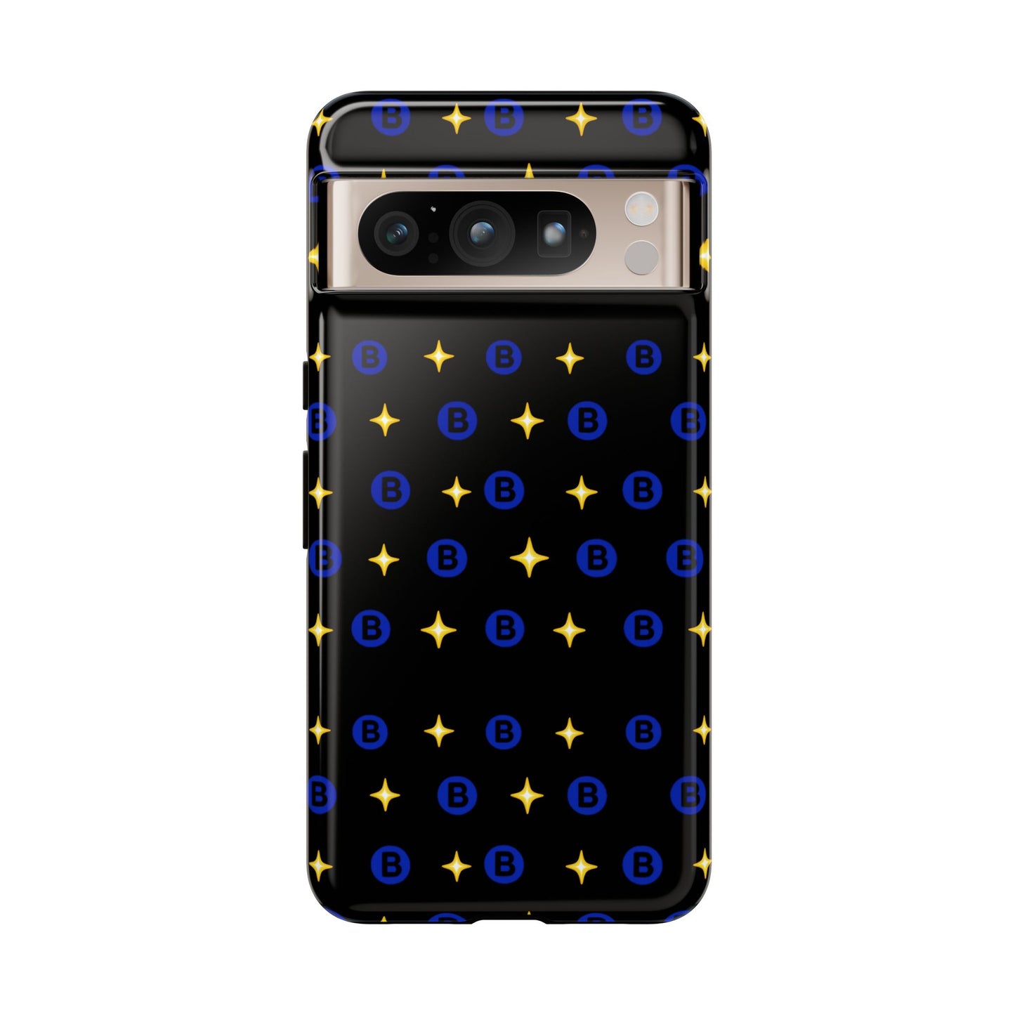 Bitcoin Pattern Tough Phone Case — Blue B Logo & Gold Stars Protective Cover