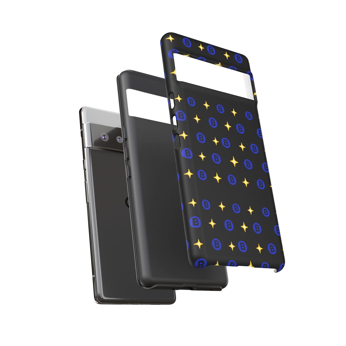 Bitcoin Pattern Tough Phone Case — Blue B Logo & Gold Stars Protective Cover
