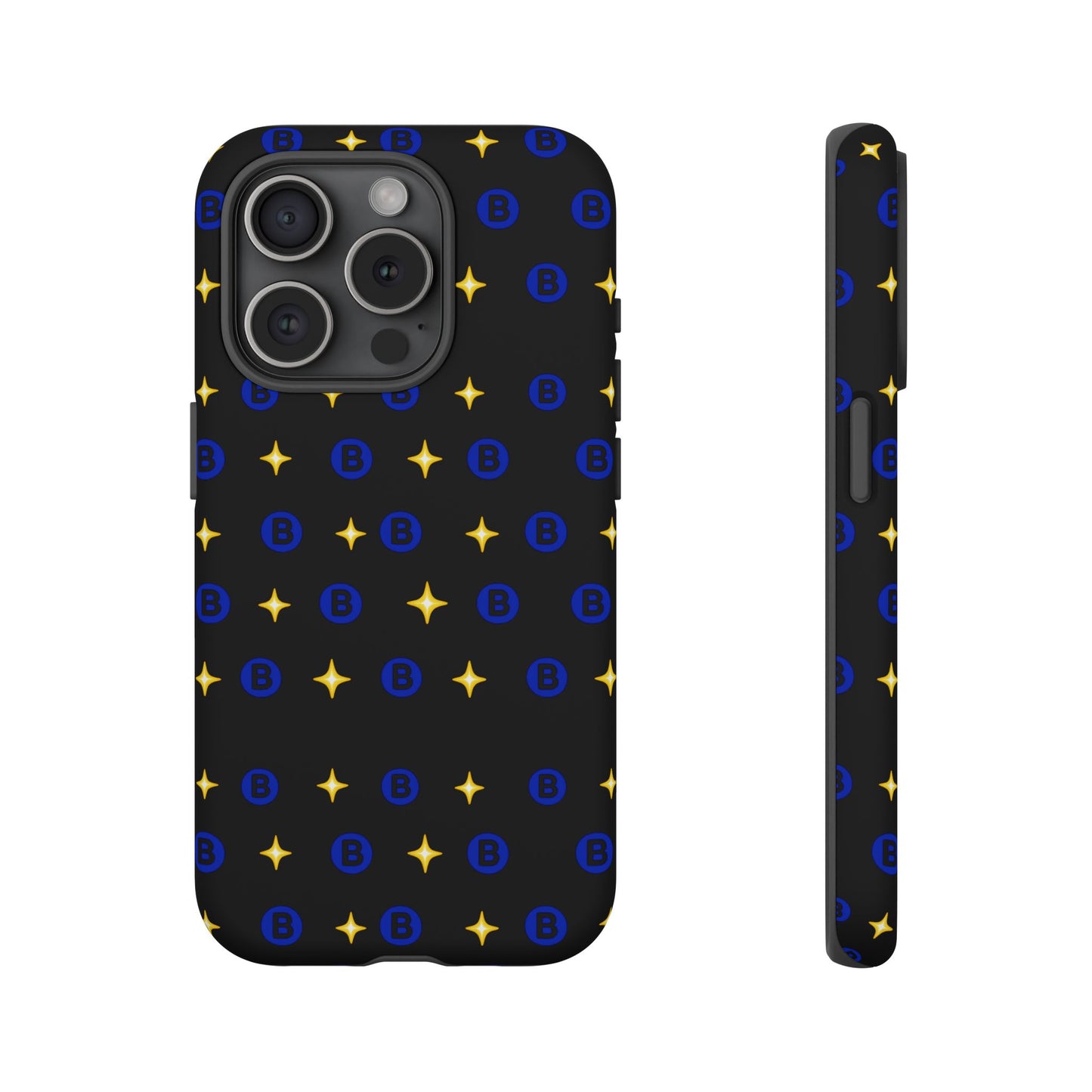 Bitcoin Pattern Tough Phone Case — Blue B Logo & Gold Stars Protective Cover