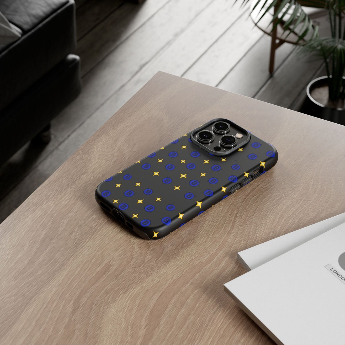Bitcoin Pattern Tough Phone Case — Blue B Logo & Gold Stars Protective Cover