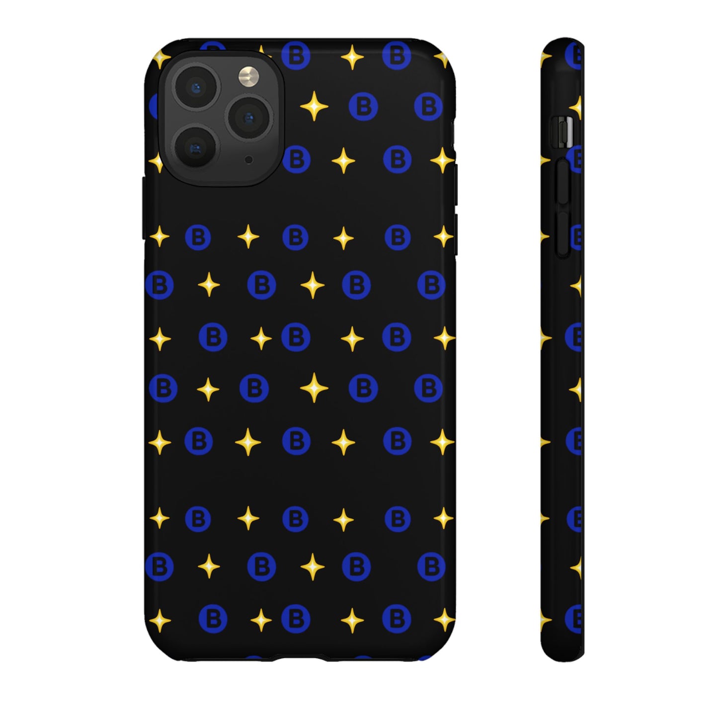 Bitcoin Pattern Tough Phone Case — Blue B Logo & Gold Stars Protective Cover