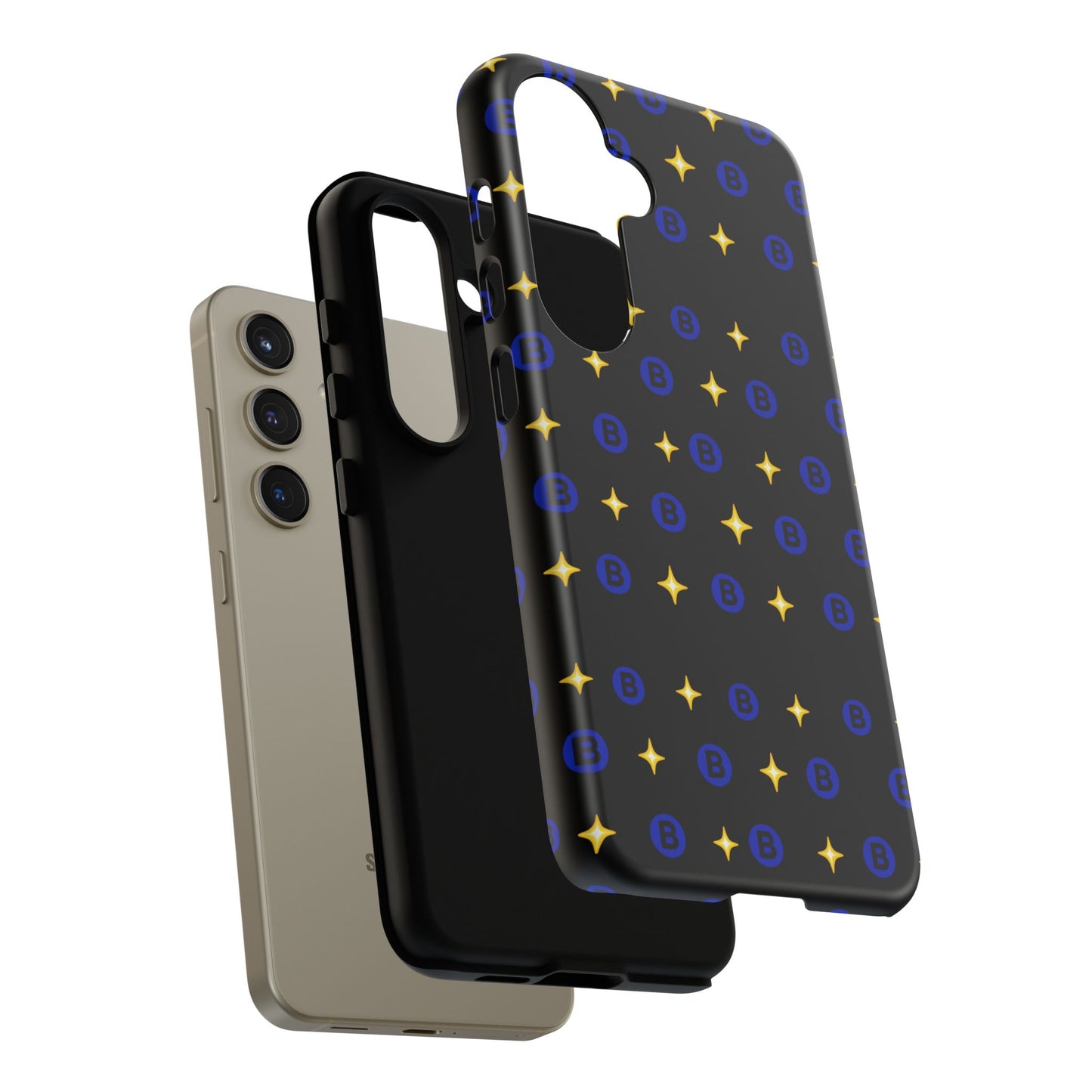 Bitcoin Pattern Tough Phone Case — Blue B Logo & Gold Stars Protective Cover