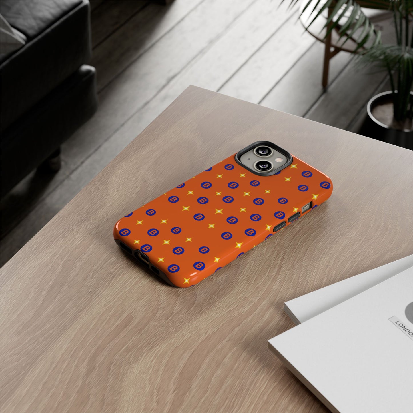Orange Retro Sparkle Phone Case — Monogram B Pattern Tough Case