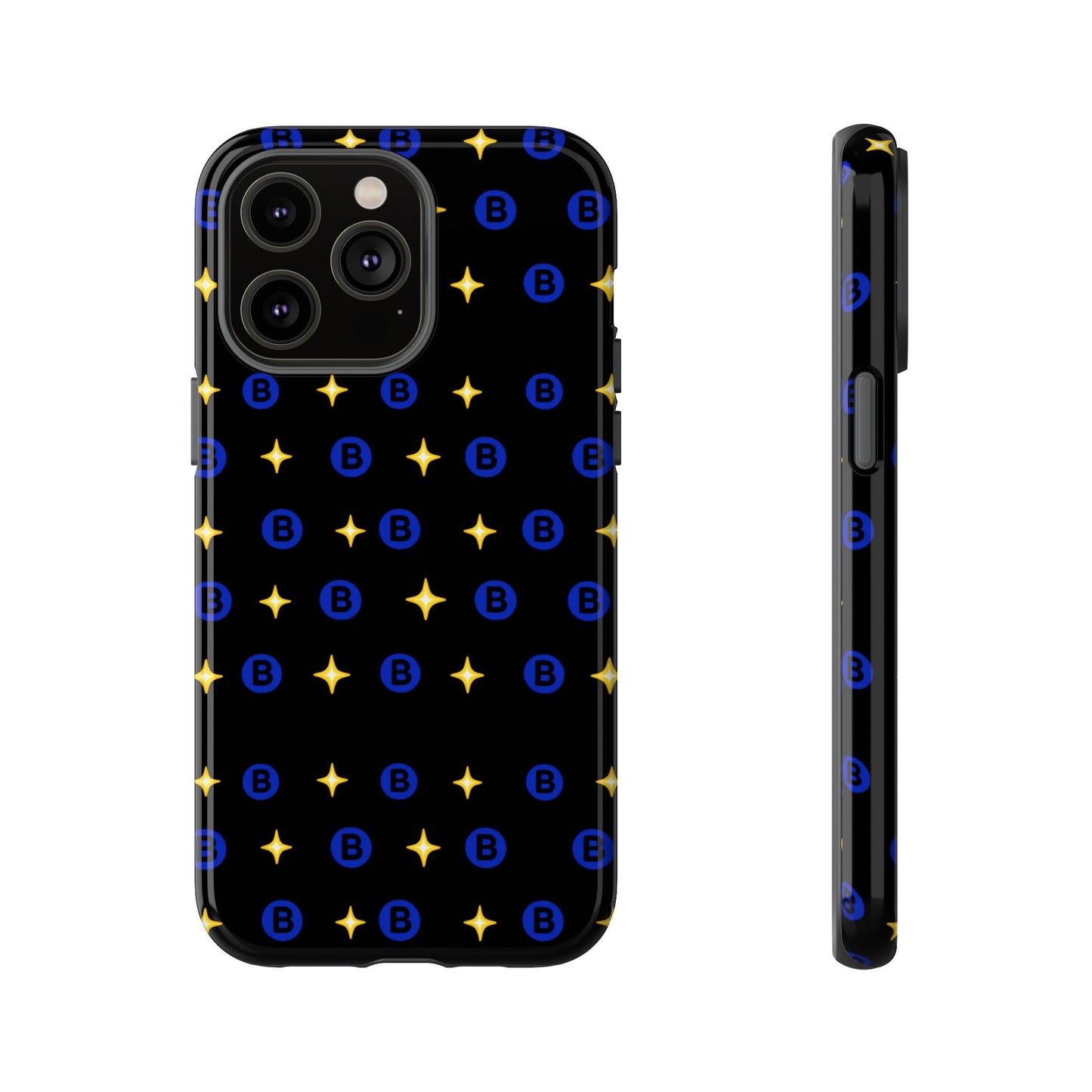 Bitcoin Pattern Tough Phone Case — Blue B Logo & Gold Stars Protective Cover