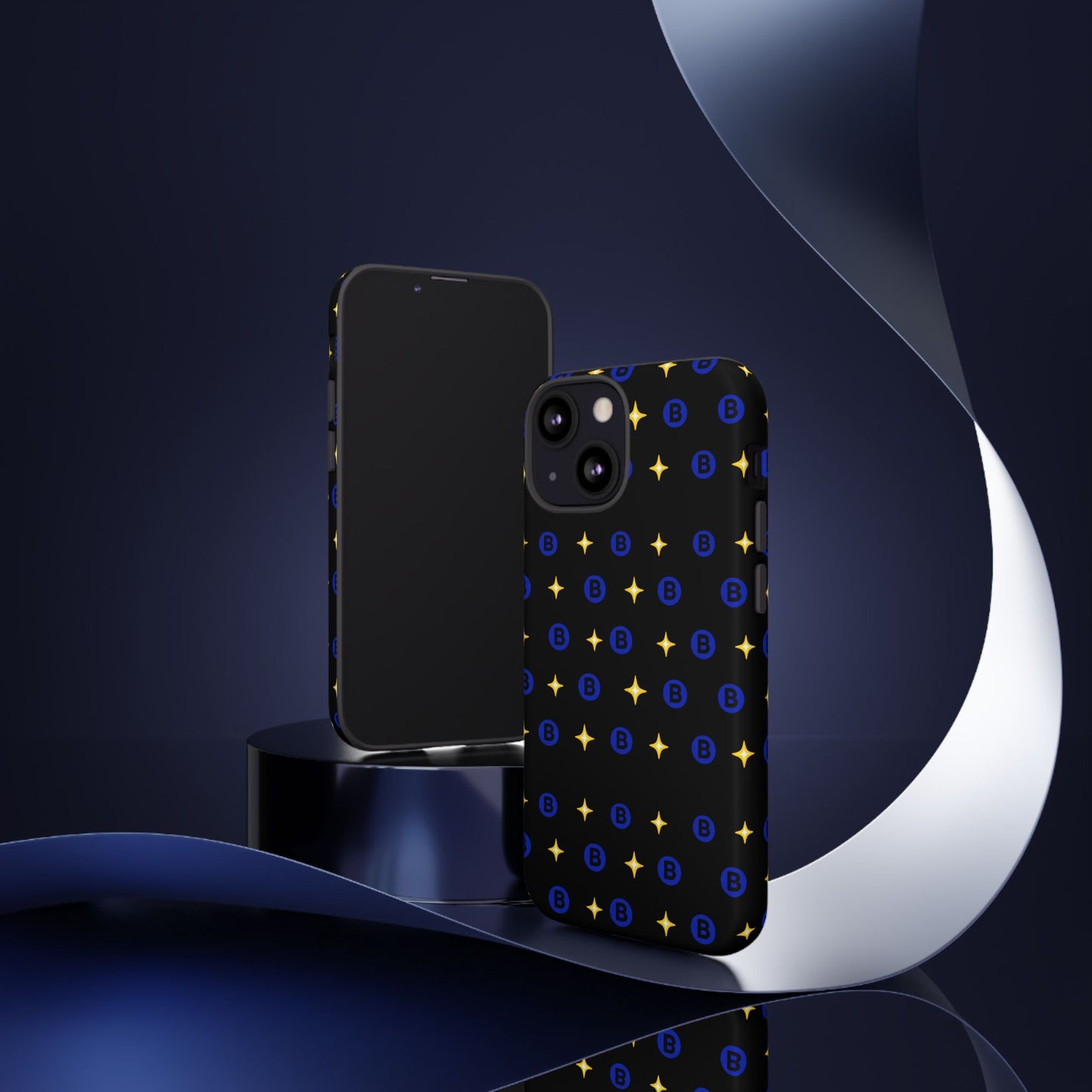 Bitcoin Pattern Tough Phone Case — Blue B Logo & Gold Stars Protective Cover