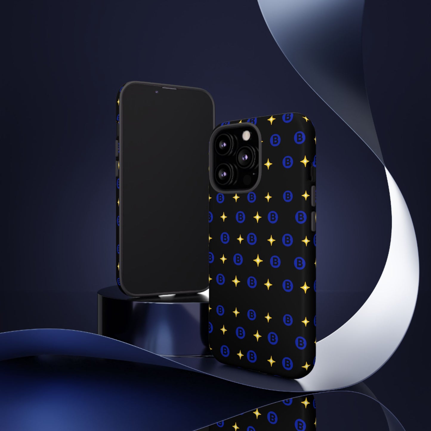Bitcoin Pattern Tough Phone Case — Blue B Logo & Gold Stars Protective Cover