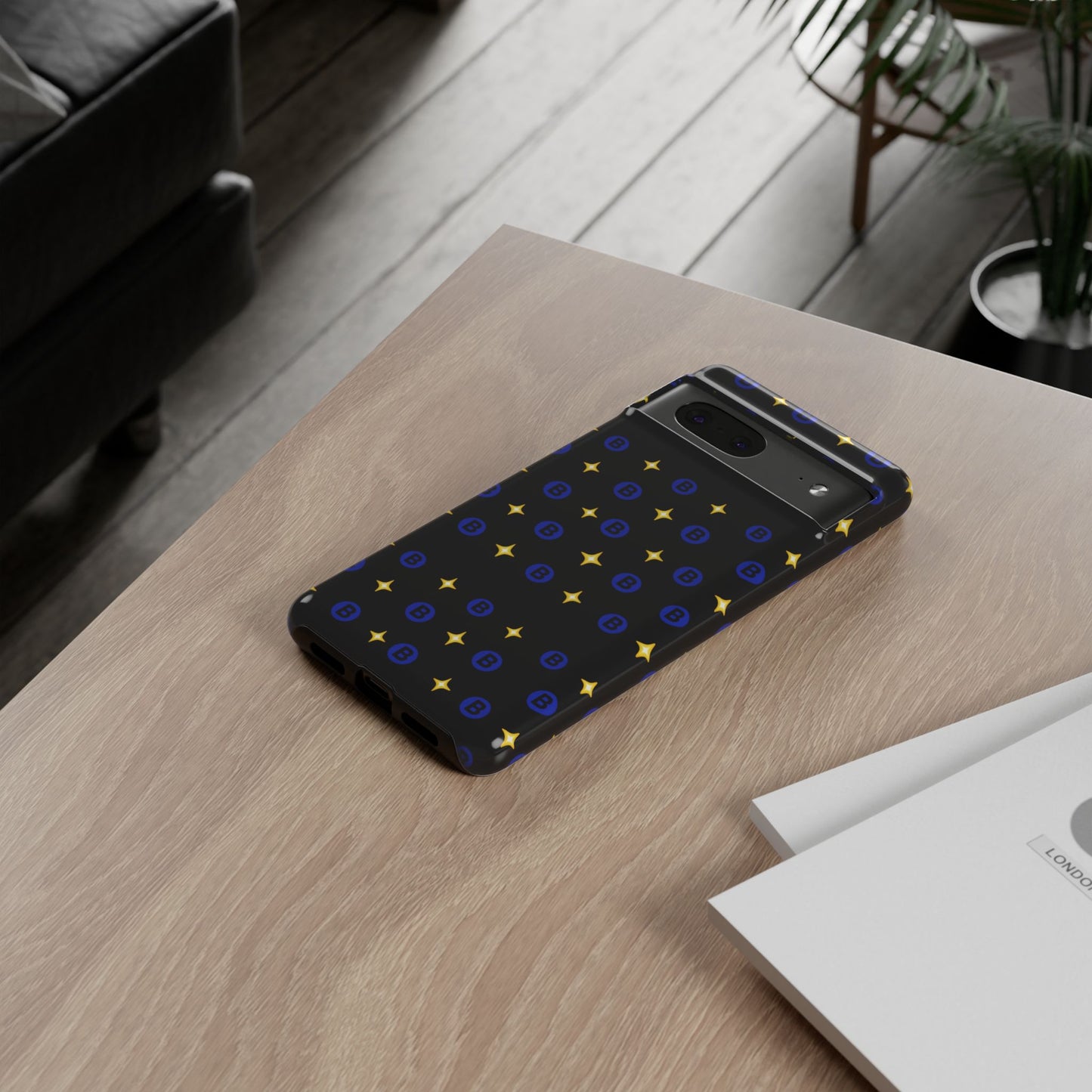 Bitcoin Pattern Tough Phone Case — Blue B Logo & Gold Stars Protective Cover