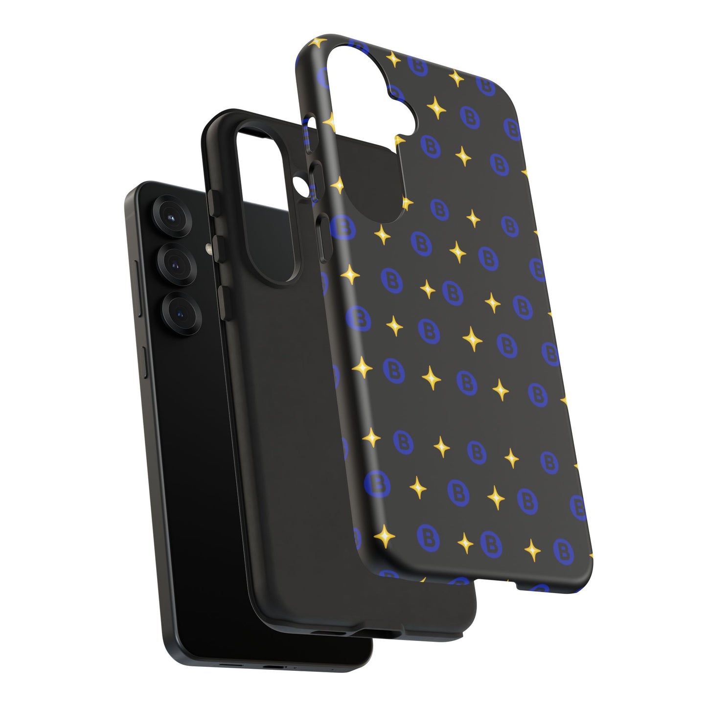 Bitcoin Pattern Tough Phone Case — Blue B Logo & Gold Stars Protective Cover