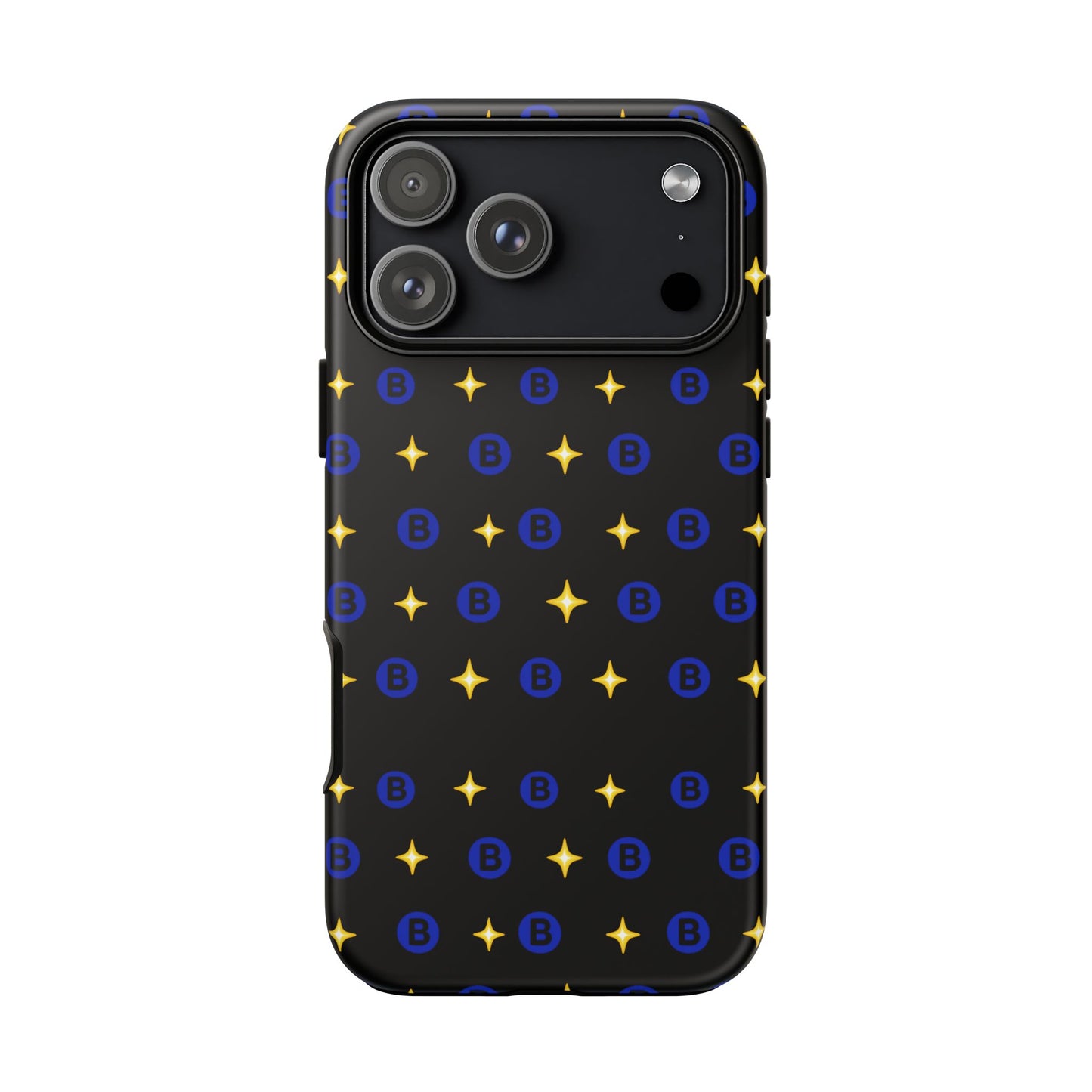 Bitcoin Pattern Tough Phone Case — Blue B Logo & Gold Stars Protective Cover