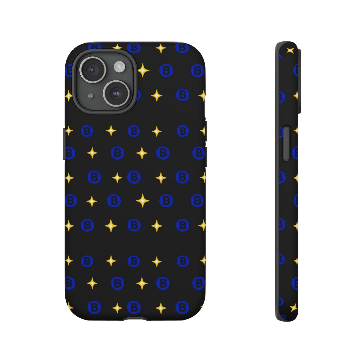 Bitcoin Pattern Tough Phone Case — Blue B Logo & Gold Stars Protective Cover