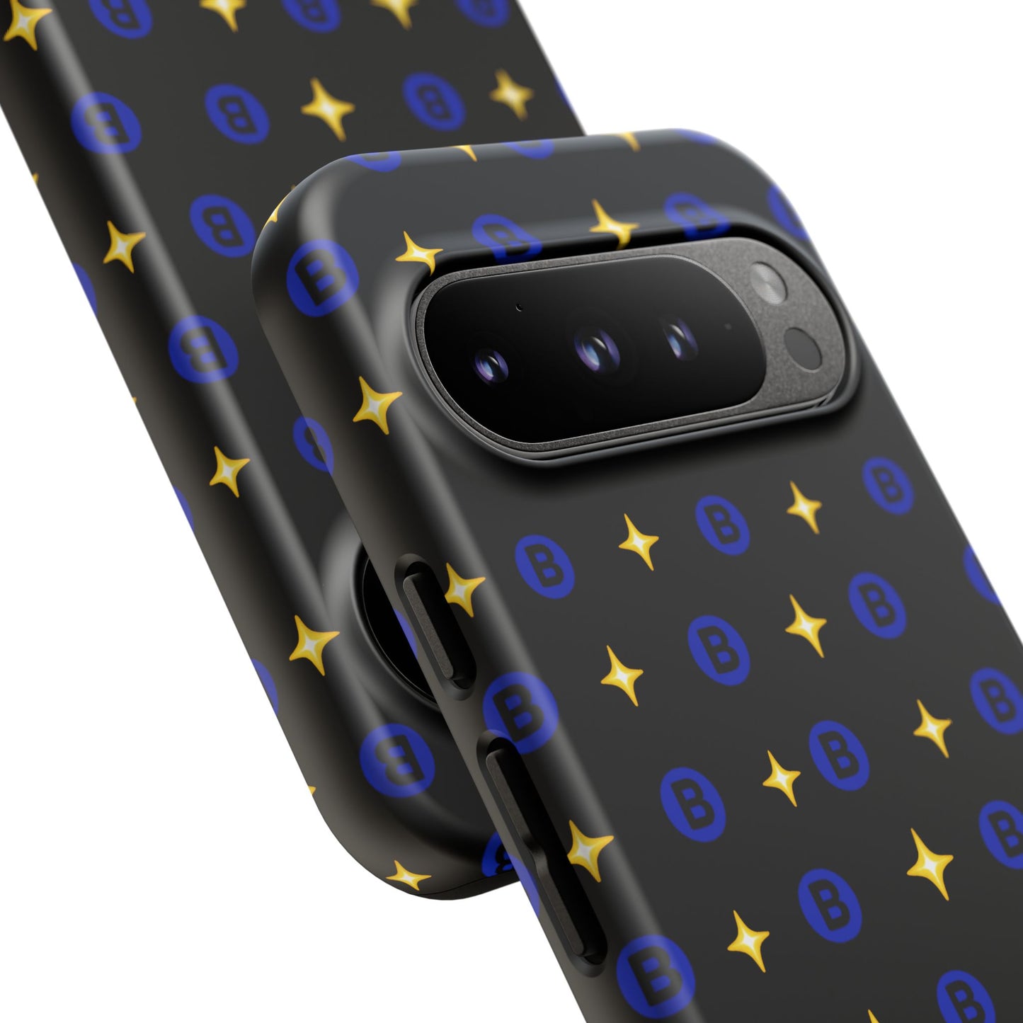 Bitcoin Pattern Tough Phone Case — Blue B Logo & Gold Stars Protective Cover