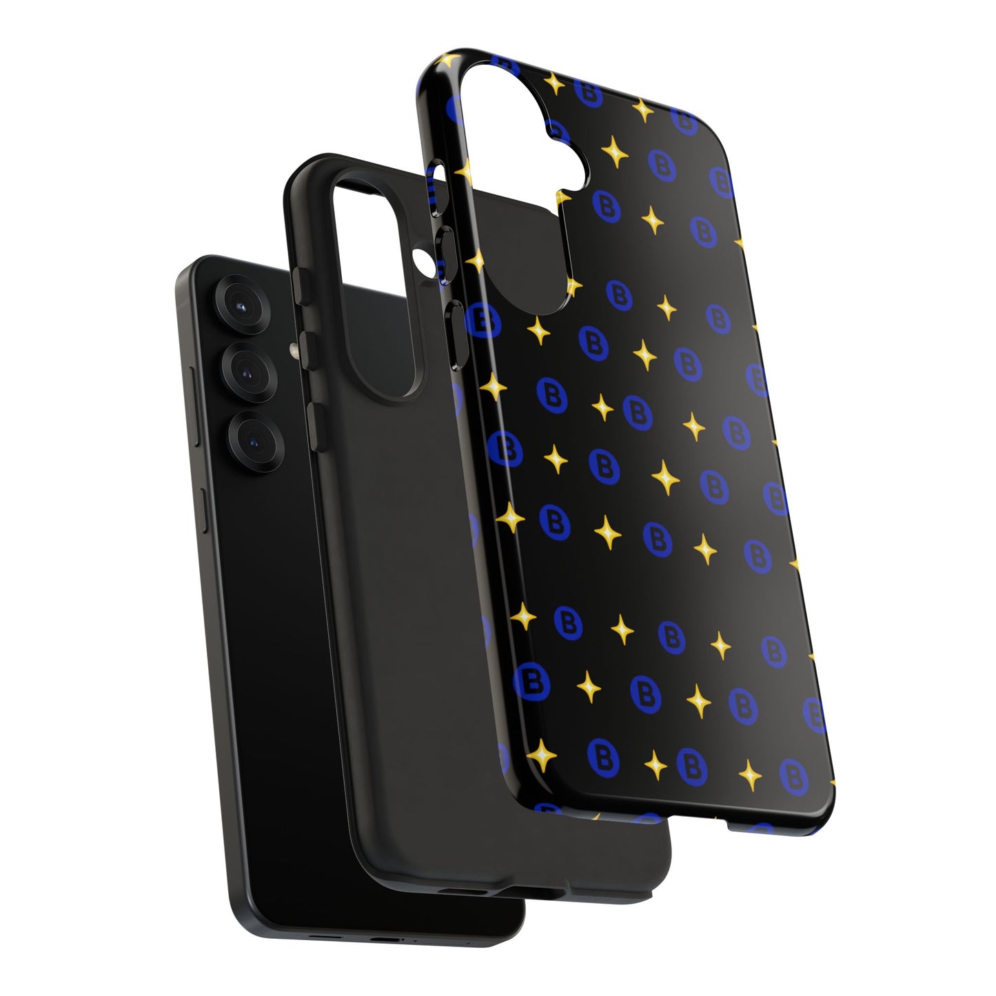 Bitcoin Pattern Tough Phone Case — Blue B Logo & Gold Stars Protective Cover