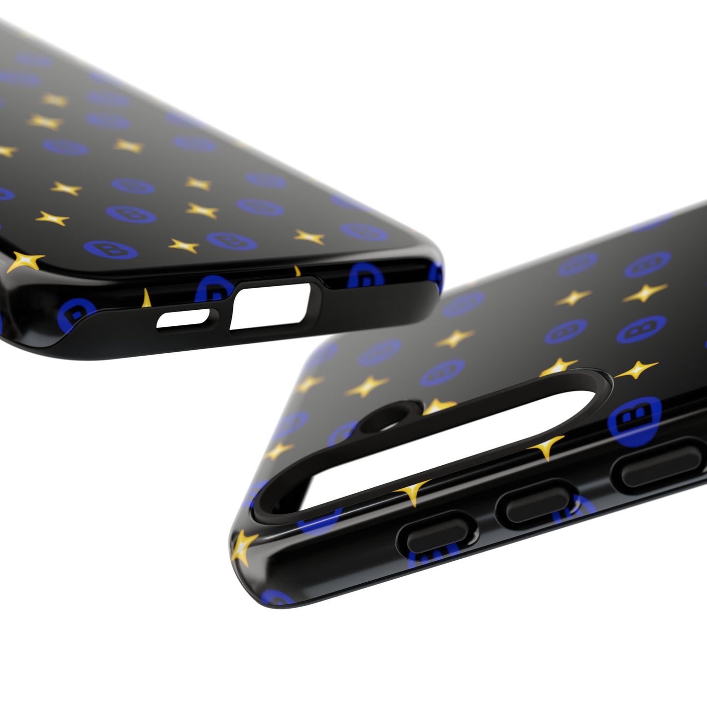 Bitcoin Pattern Tough Phone Case — Blue B Logo & Gold Stars Protective Cover