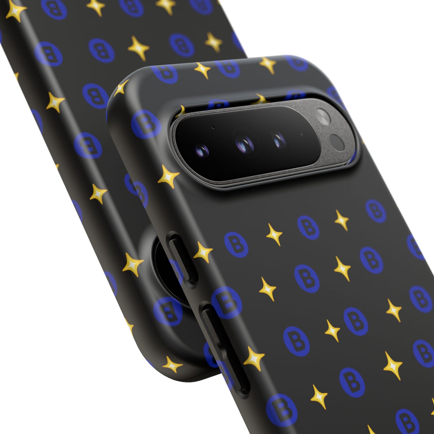 Bitcoin Pattern Tough Phone Case — Blue B Logo & Gold Stars Protective Cover