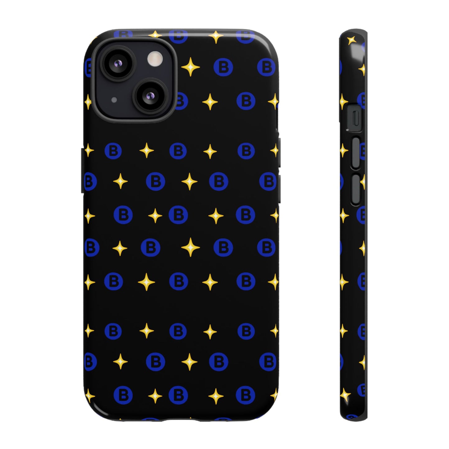 Bitcoin Pattern Tough Phone Case — Blue B Logo & Gold Stars Protective Cover