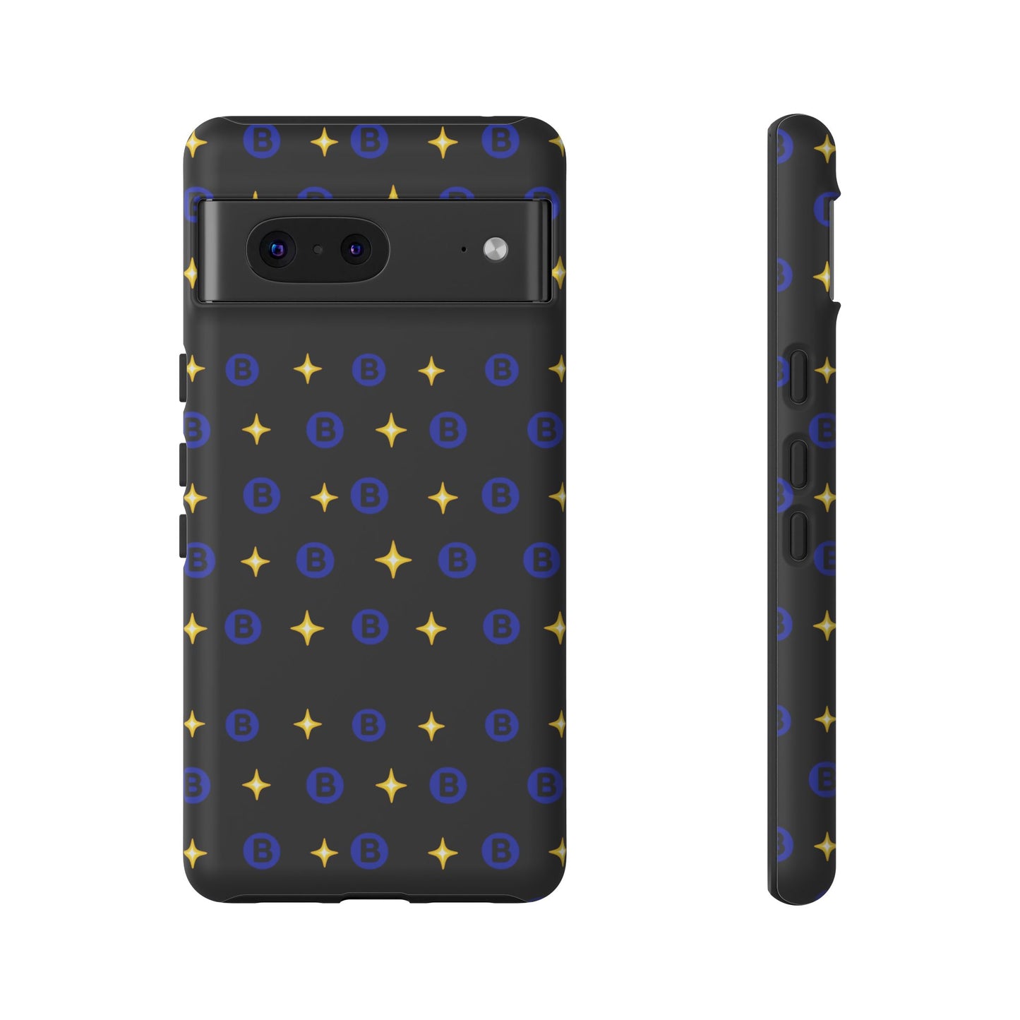 Bitcoin Pattern Tough Phone Case — Blue B Logo & Gold Stars Protective Cover