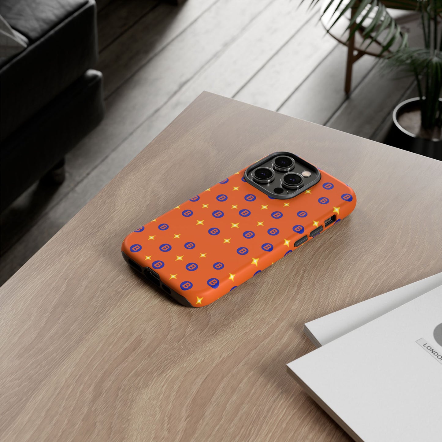 Orange Retro Sparkle Phone Case — Monogram B Pattern Tough Case