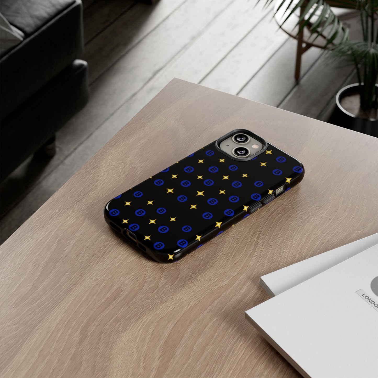 Bitcoin Pattern Tough Phone Case — Blue B Logo & Gold Stars Protective Cover