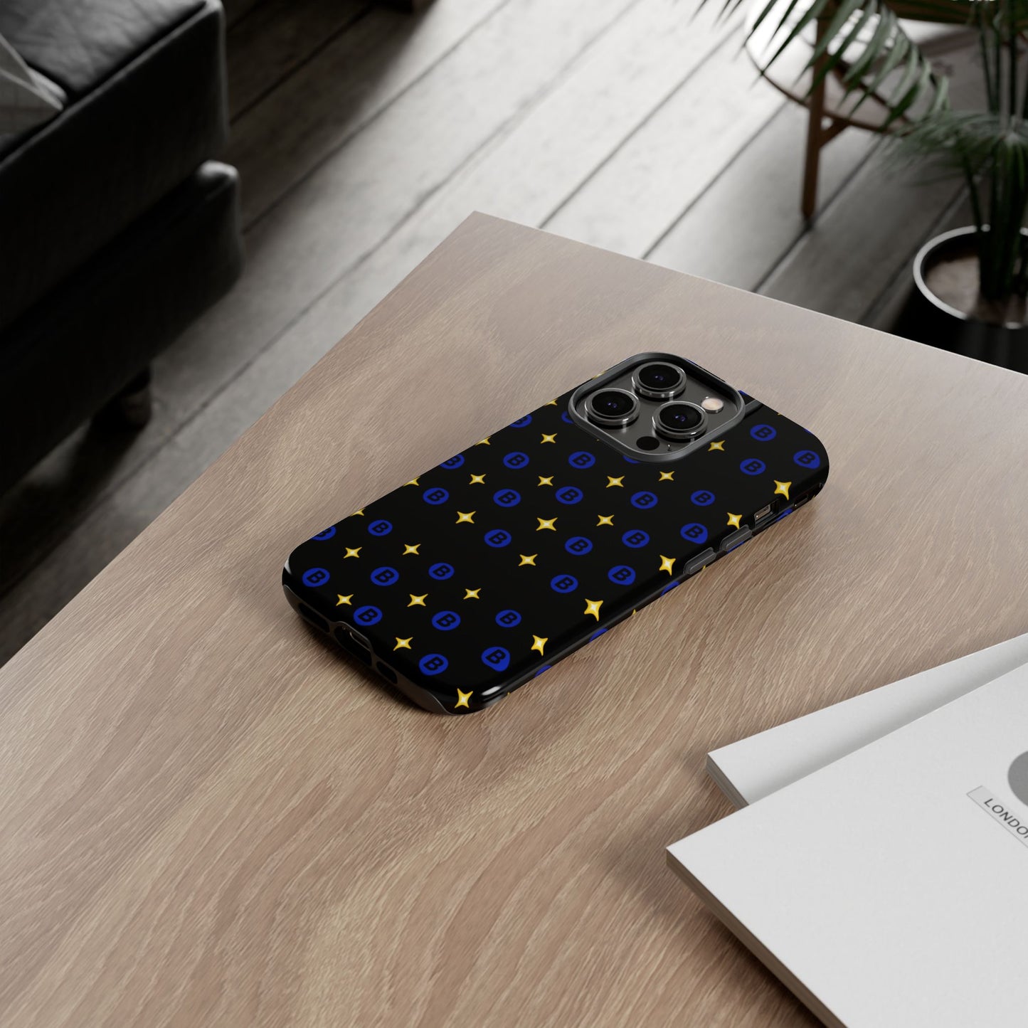Bitcoin Pattern Tough Phone Case — Blue B Logo & Gold Stars Protective Cover