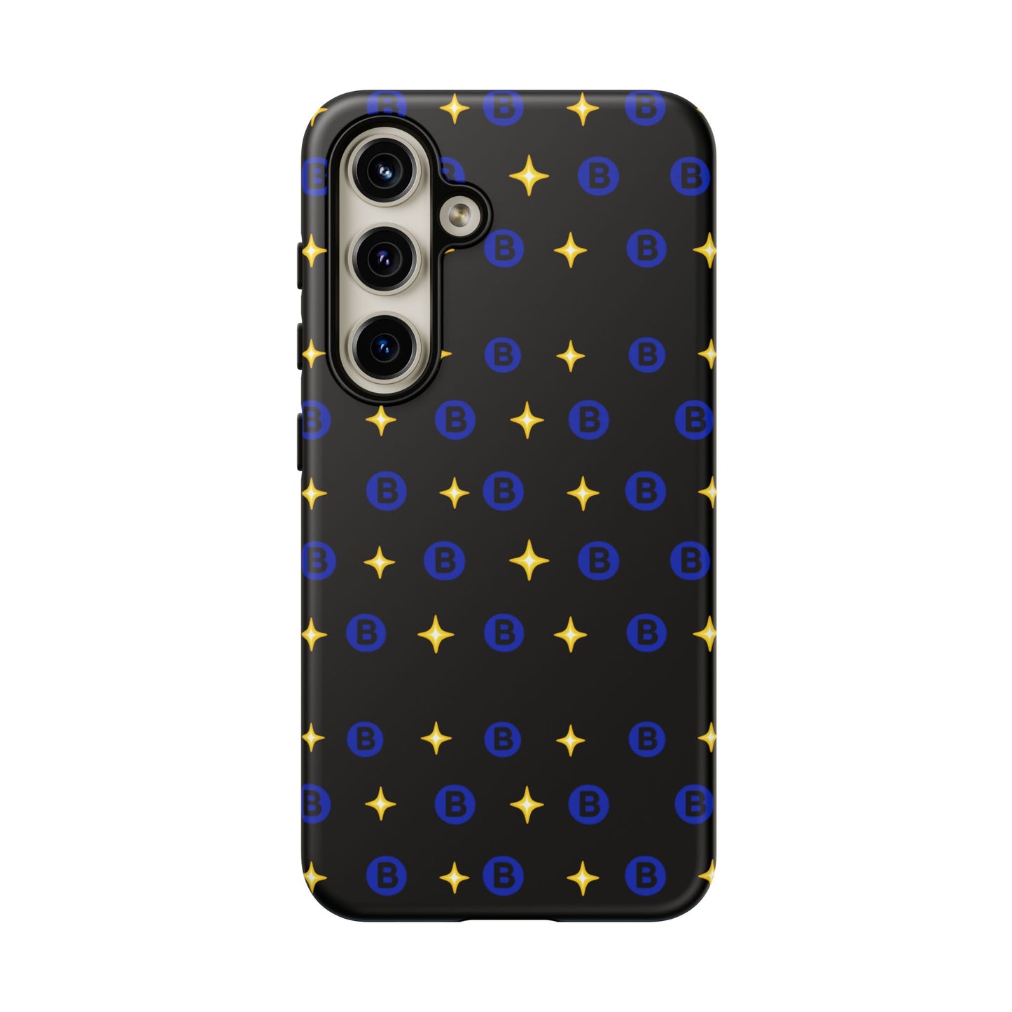 Bitcoin Pattern Tough Phone Case — Blue B Logo & Gold Stars Protective Cover