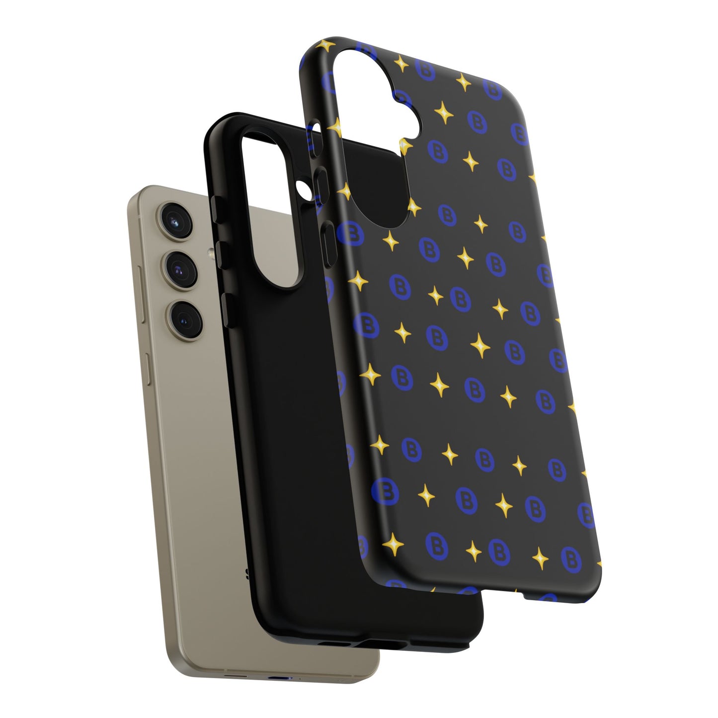 Bitcoin Pattern Tough Phone Case — Blue B Logo & Gold Stars Protective Cover