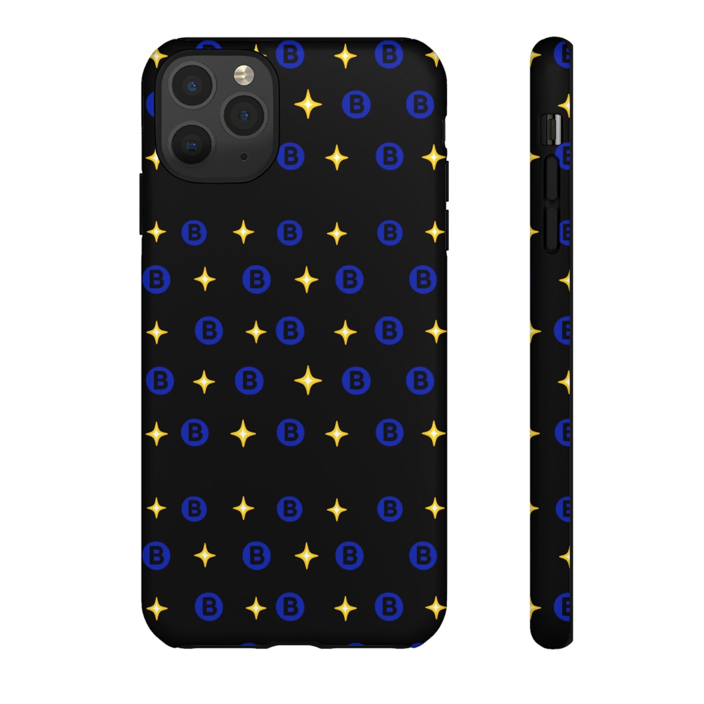 Bitcoin Pattern Tough Phone Case — Blue B Logo & Gold Stars Protective Cover