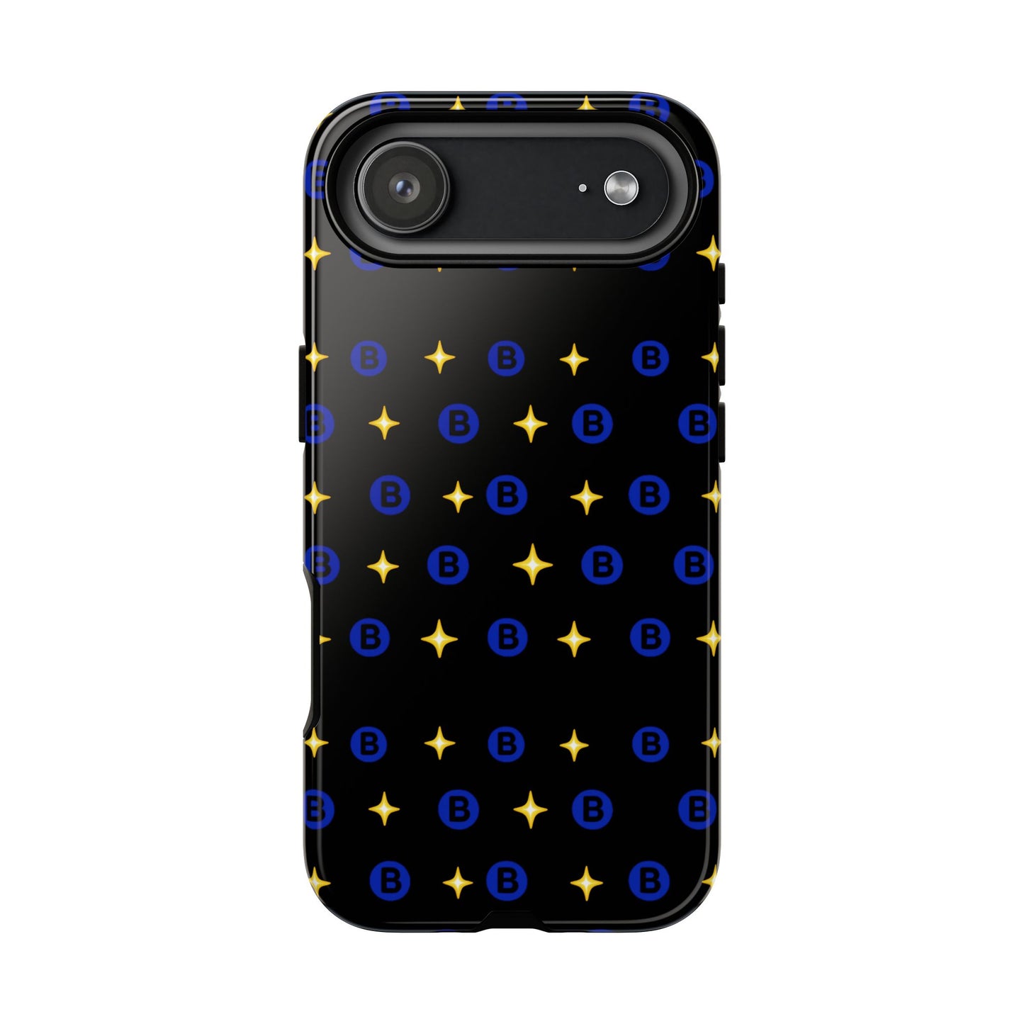 Bitcoin Pattern Tough Phone Case — Blue B Logo & Gold Stars Protective Cover