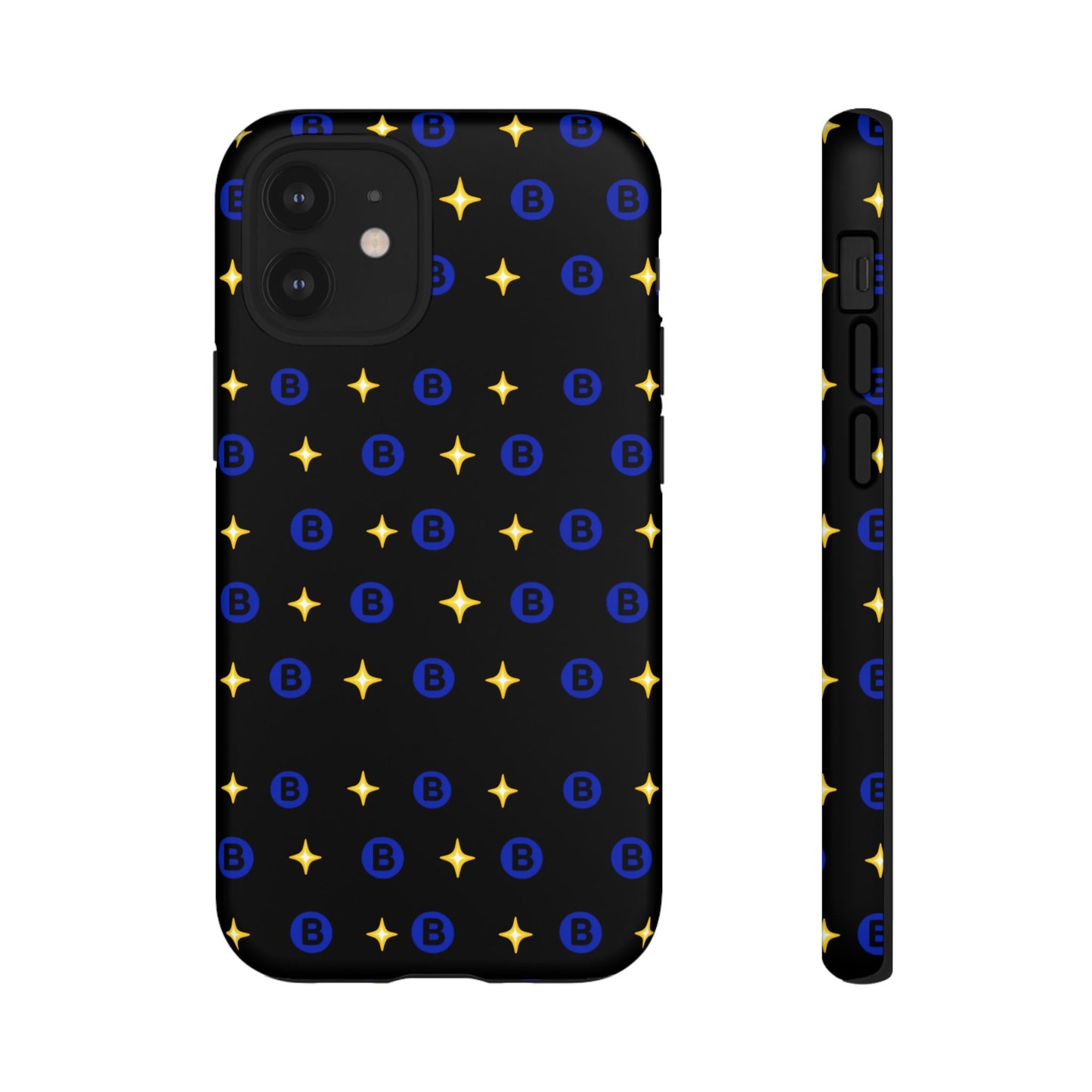 Bitcoin Pattern Tough Phone Case — Blue B Logo & Gold Stars Protective Cover