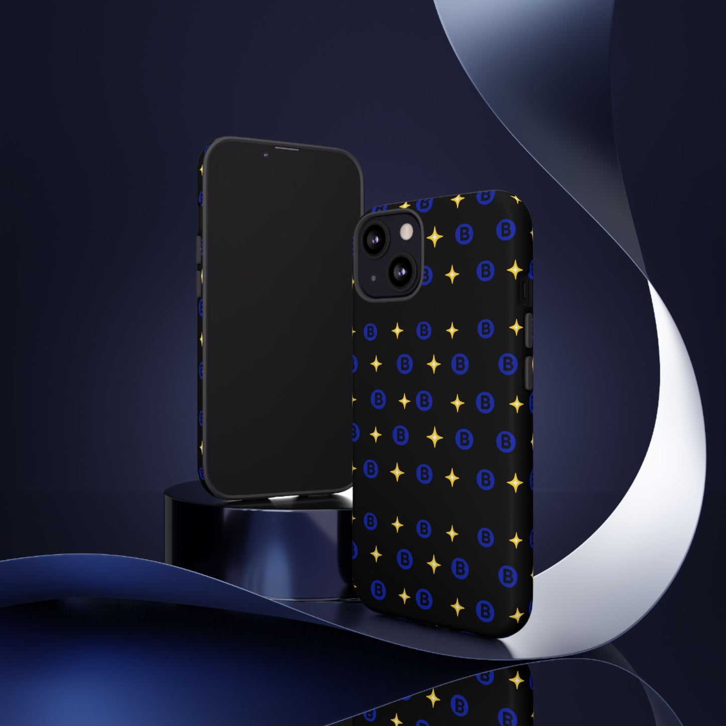 Bitcoin Pattern Tough Phone Case — Blue B Logo & Gold Stars Protective Cover