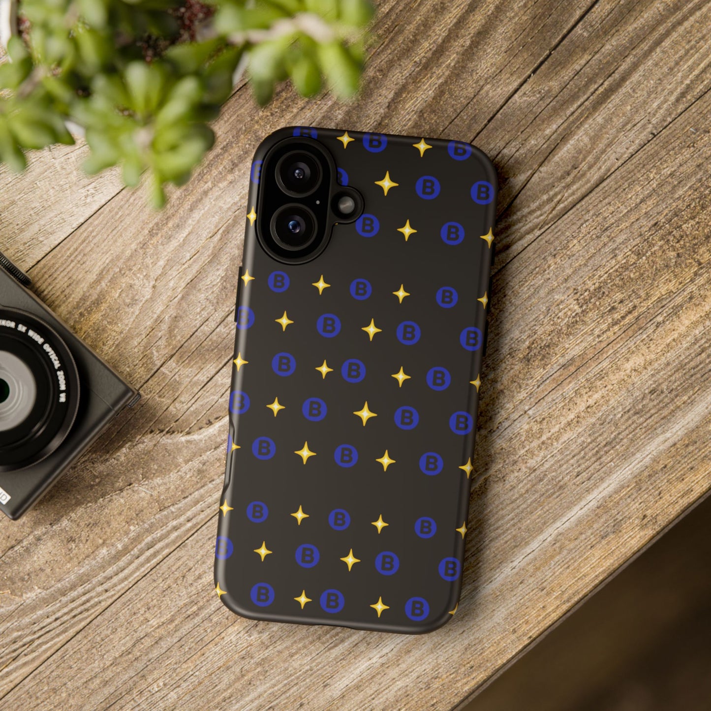 Bitcoin Pattern Tough Phone Case — Blue B Logo & Gold Stars Protective Cover