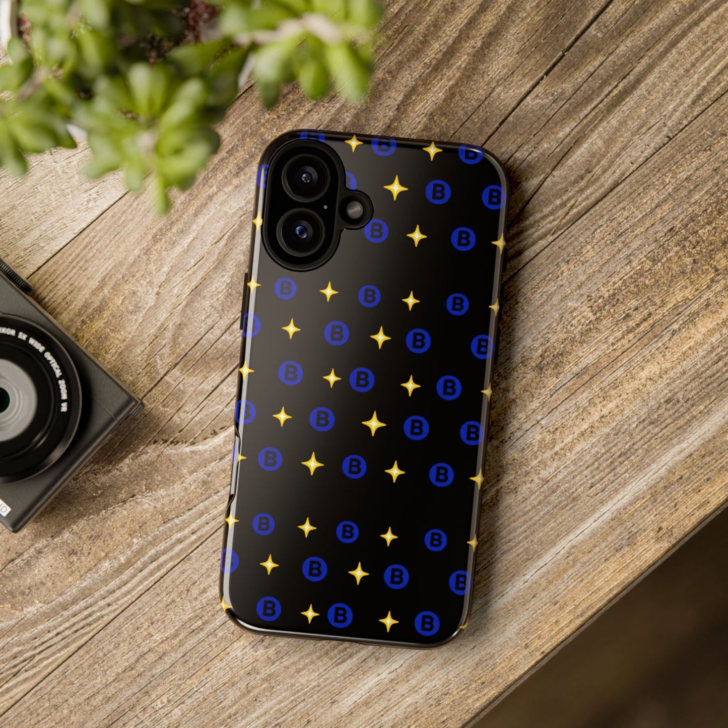 Bitcoin Pattern Tough Phone Case — Blue B Logo & Gold Stars Protective Cover