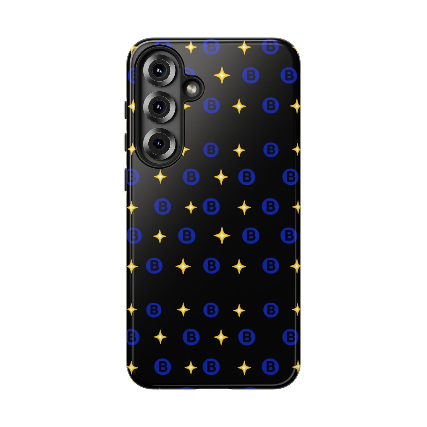 Bitcoin Pattern Tough Phone Case — Blue B Logo & Gold Stars Protective Cover