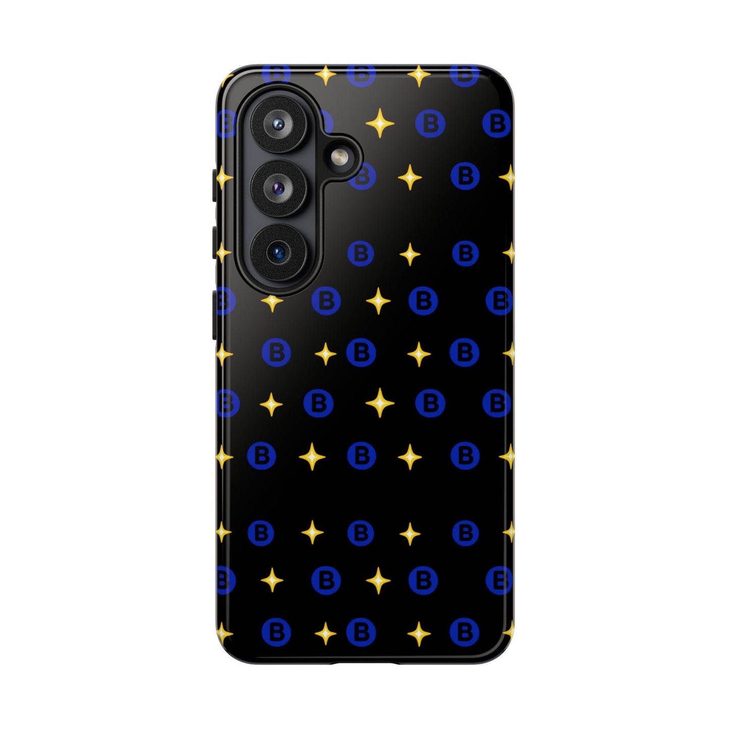 Bitcoin Pattern Tough Phone Case — Blue B Logo & Gold Stars Protective Cover