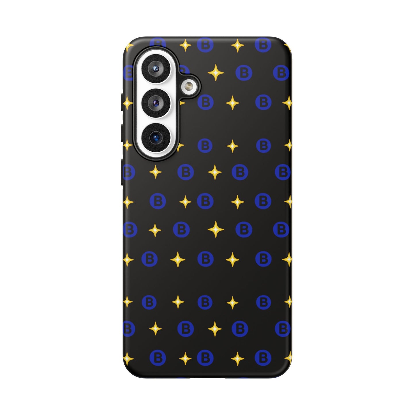 Bitcoin Pattern Tough Phone Case — Blue B Logo & Gold Stars Protective Cover