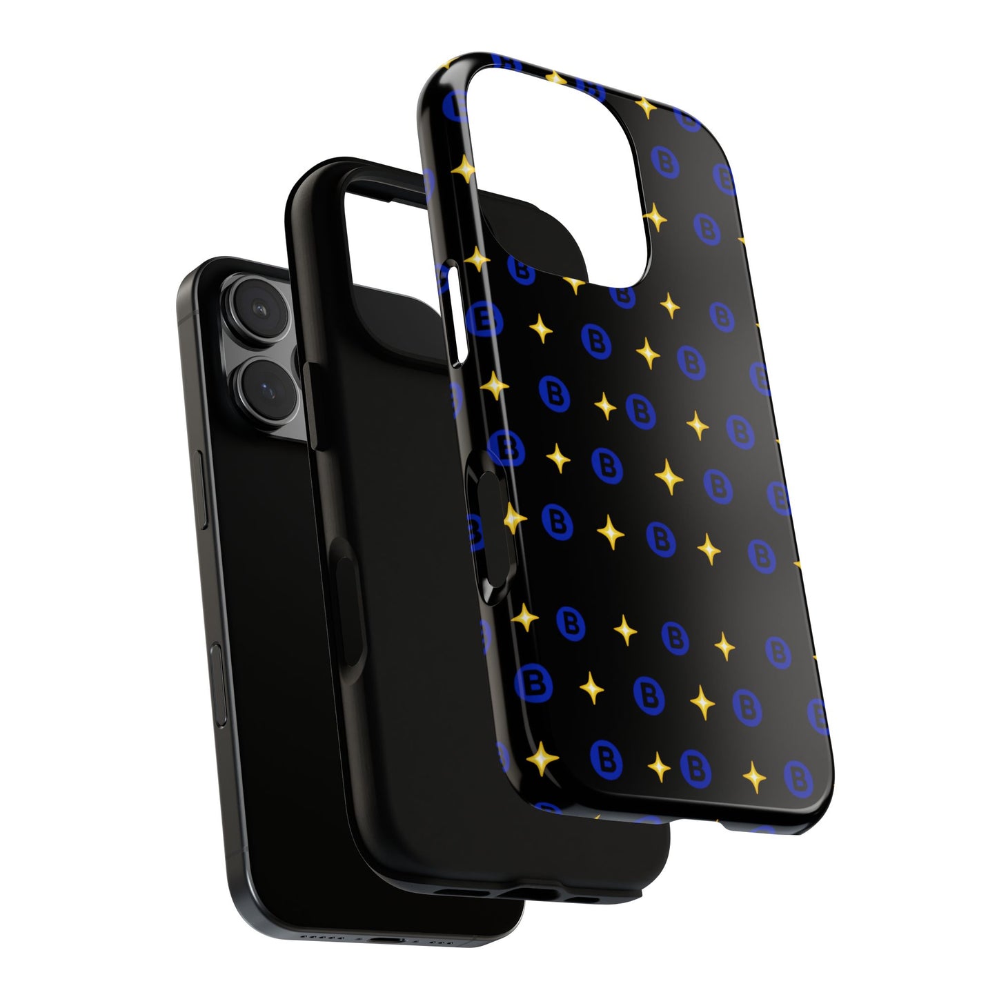 Bitcoin Pattern Tough Phone Case — Blue B Logo & Gold Stars Protective Cover