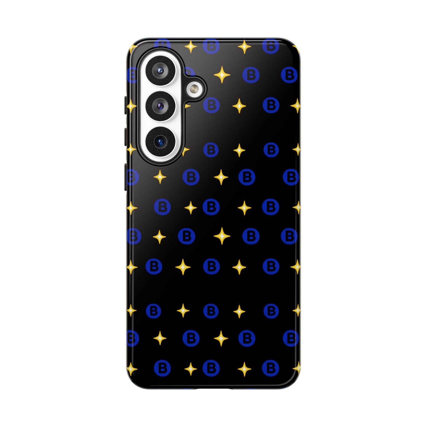 Bitcoin Pattern Tough Phone Case — Blue B Logo & Gold Stars Protective Cover
