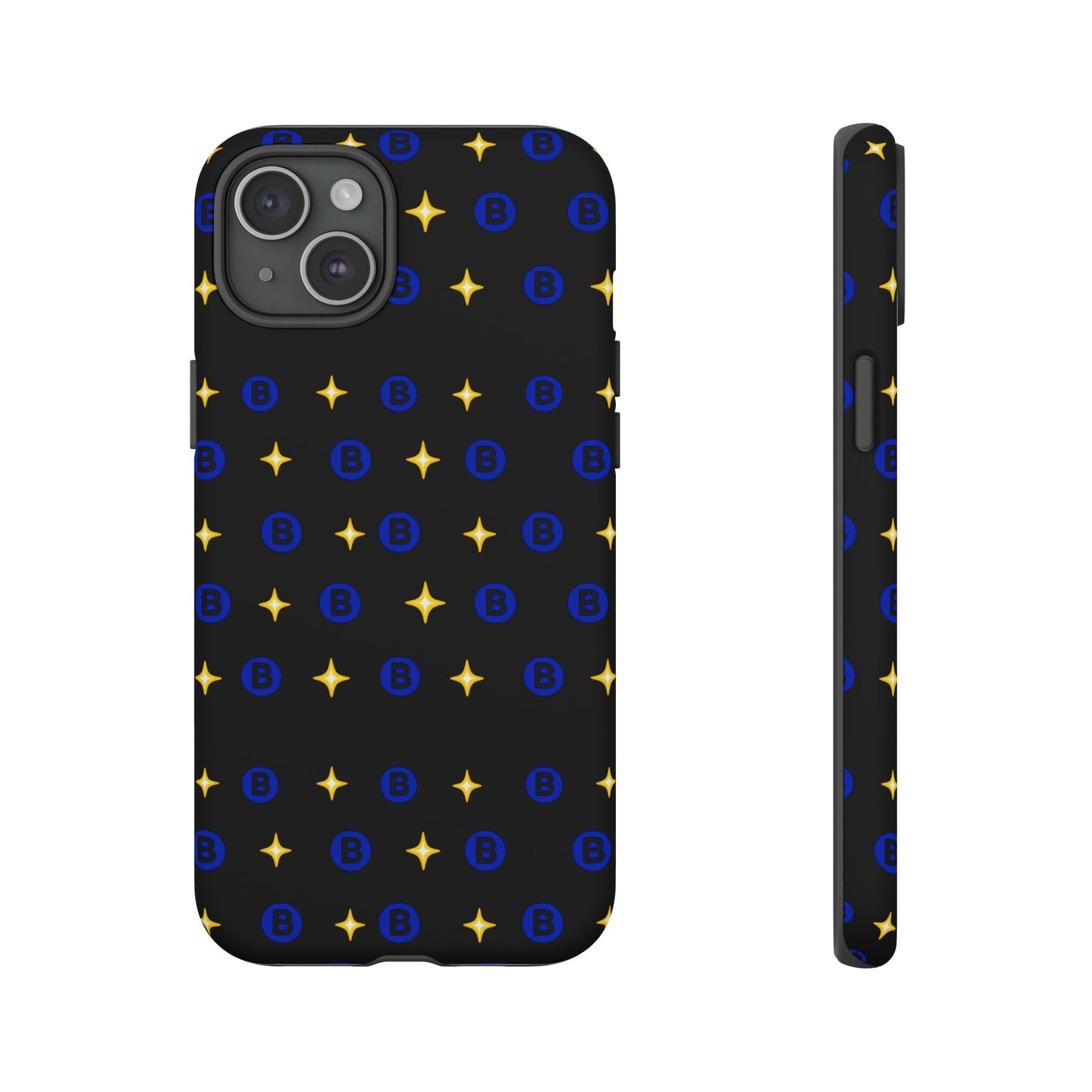 Bitcoin Pattern Tough Phone Case — Blue B Logo & Gold Stars Protective Cover