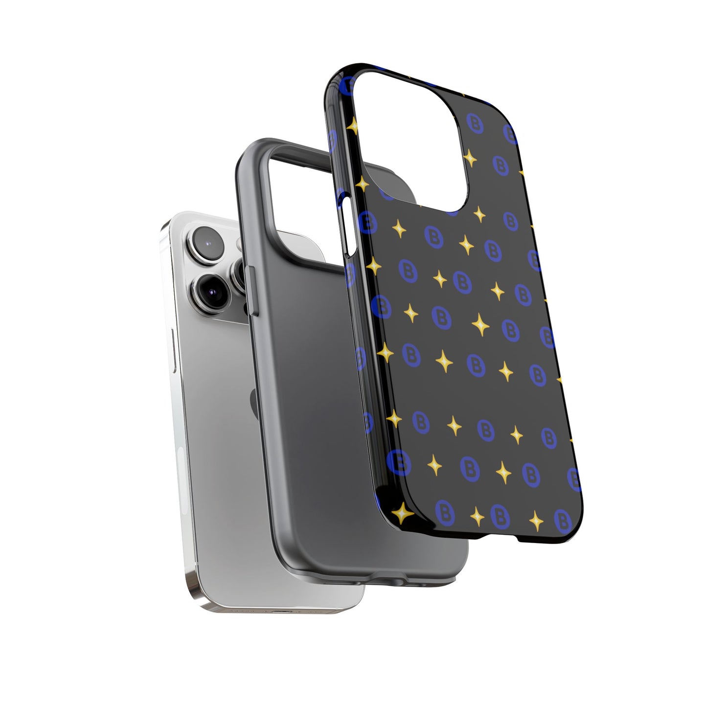 Bitcoin Pattern Tough Phone Case — Blue B Logo & Gold Stars Protective Cover