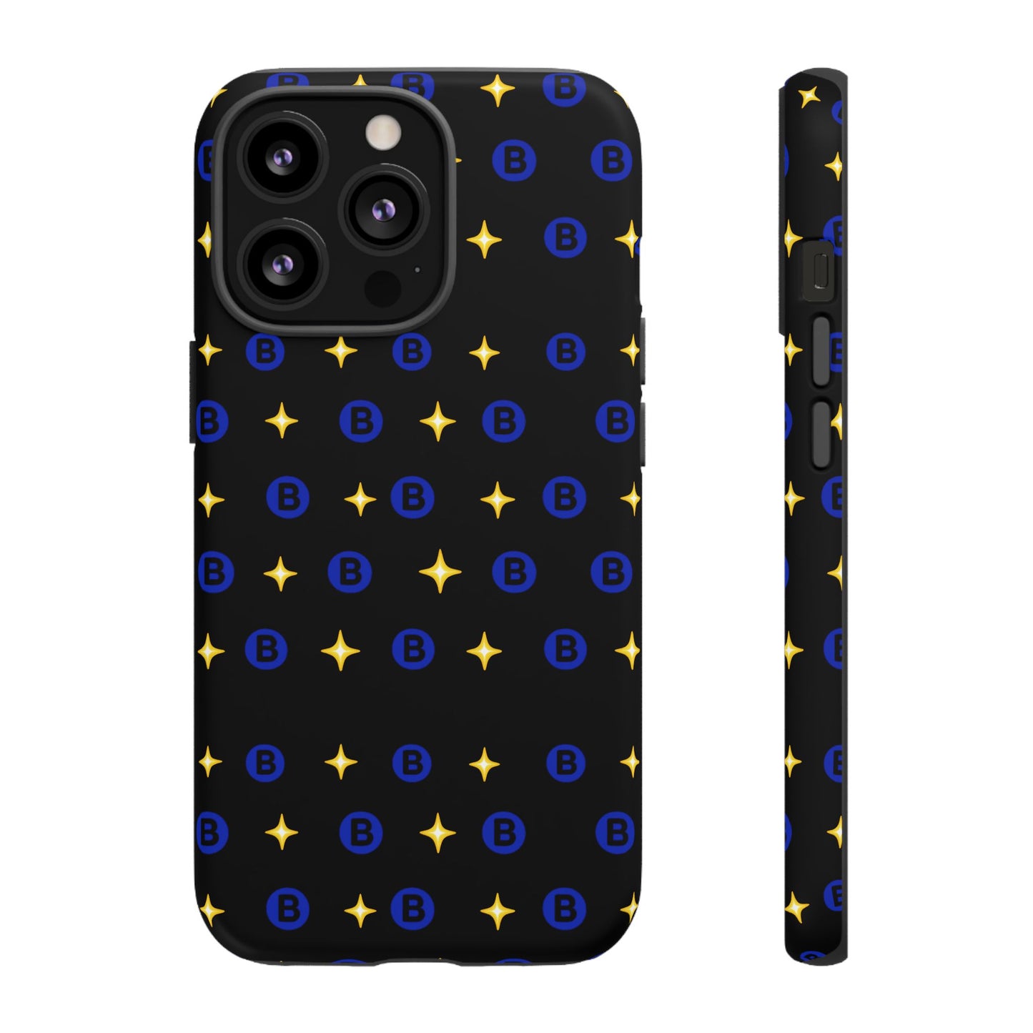 Bitcoin Pattern Tough Phone Case — Blue B Logo & Gold Stars Protective Cover