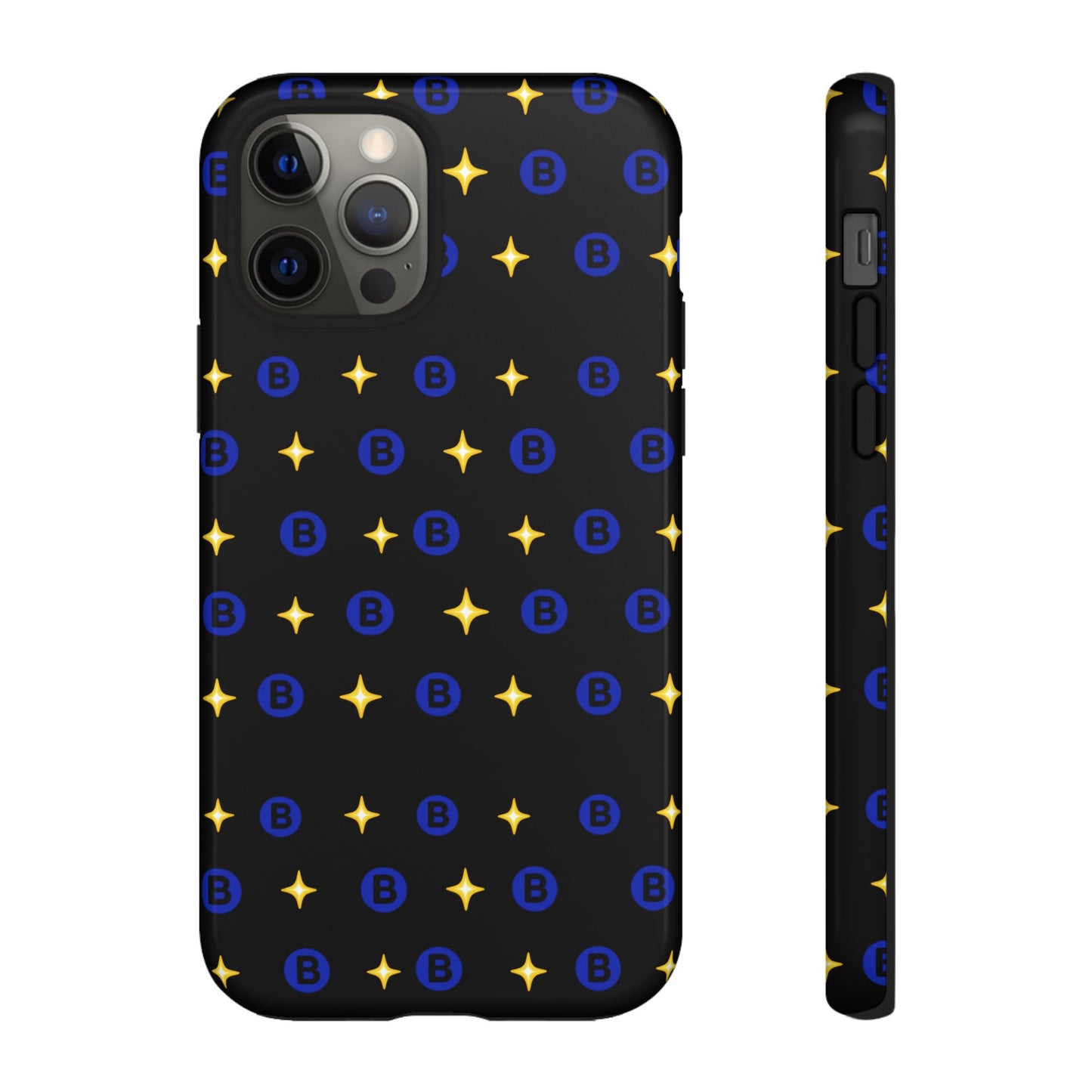 Bitcoin Pattern Tough Phone Case — Blue B Logo & Gold Stars Protective Cover