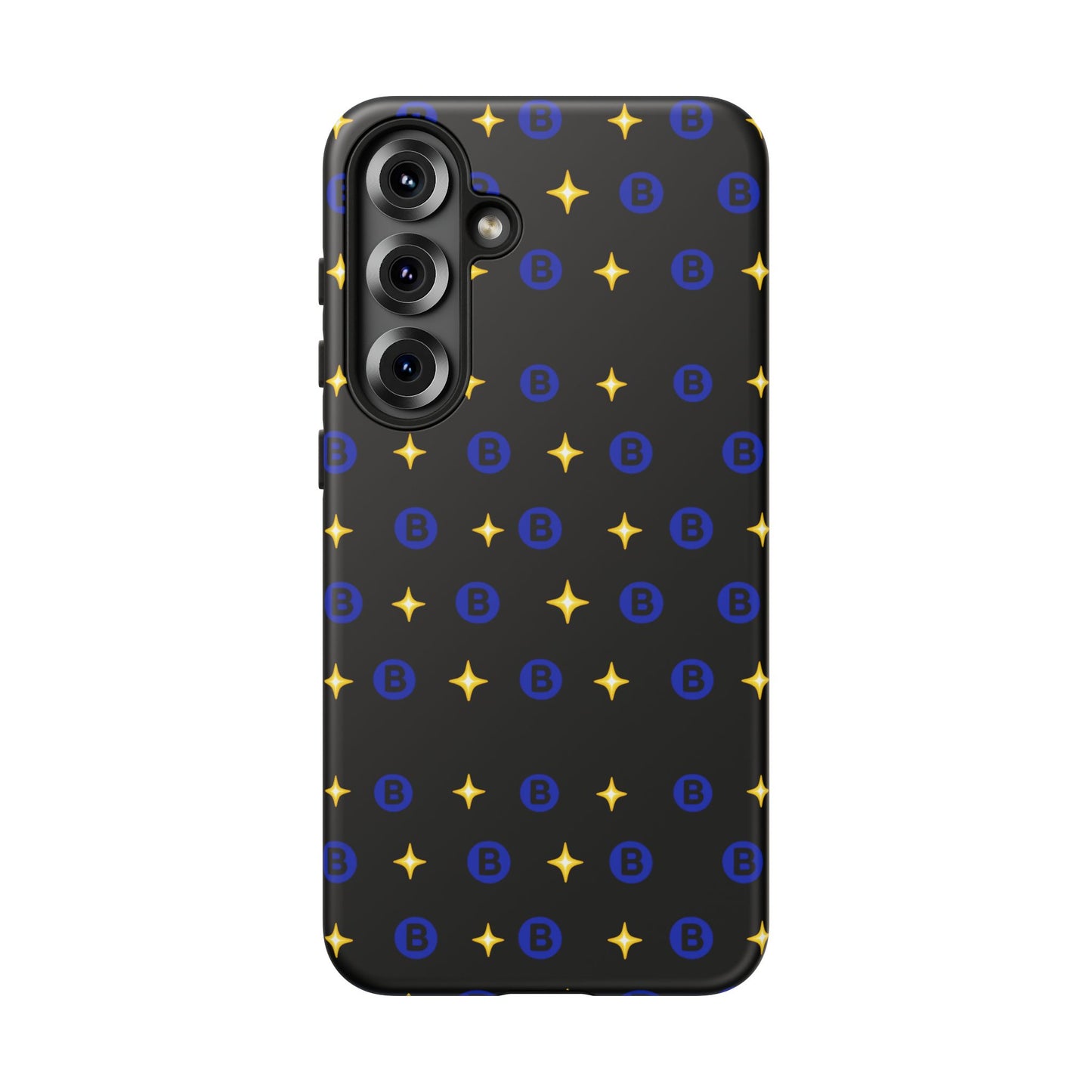 Bitcoin Pattern Tough Phone Case — Blue B Logo & Gold Stars Protective Cover