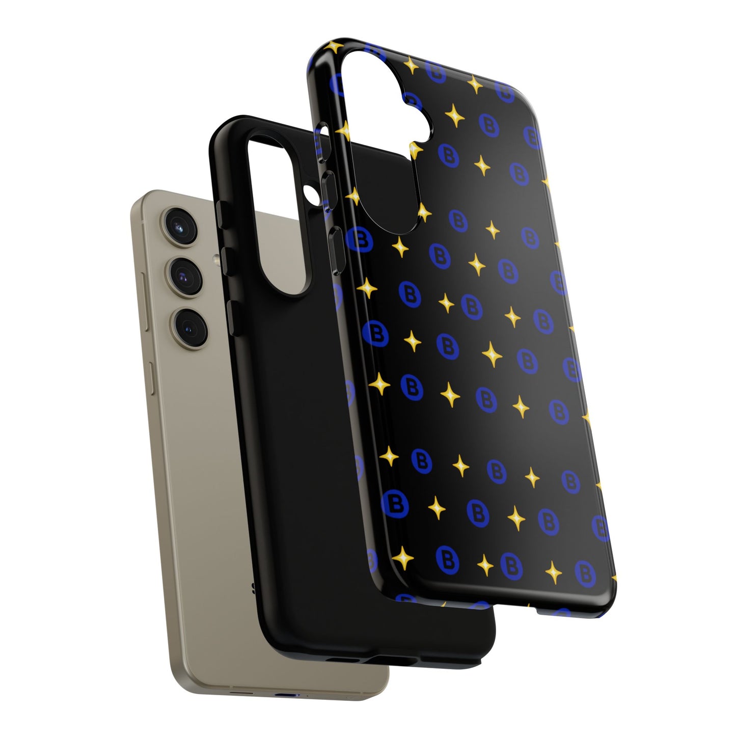 Bitcoin Pattern Tough Phone Case — Blue B Logo & Gold Stars Protective Cover