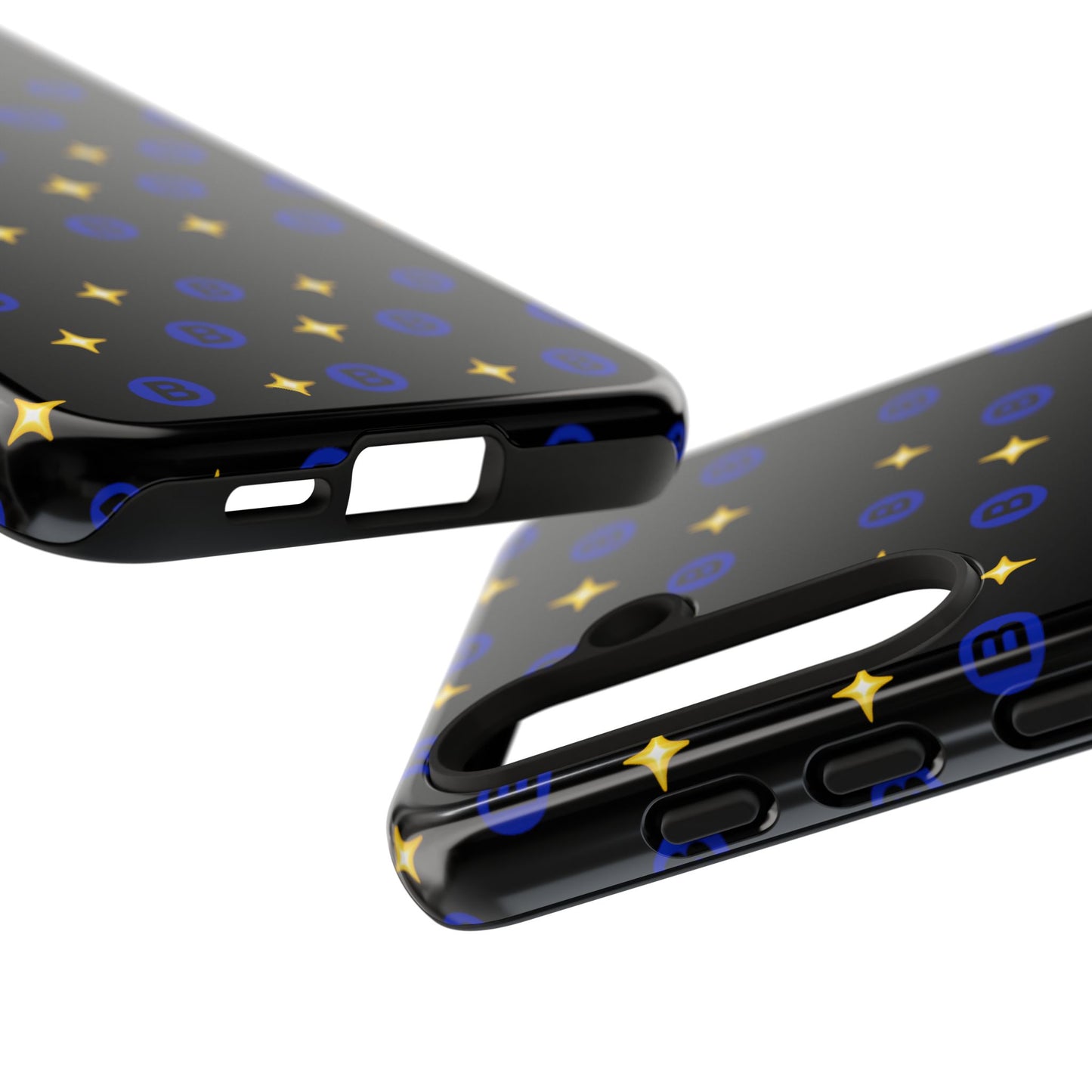 Bitcoin Pattern Tough Phone Case — Blue B Logo & Gold Stars Protective Cover