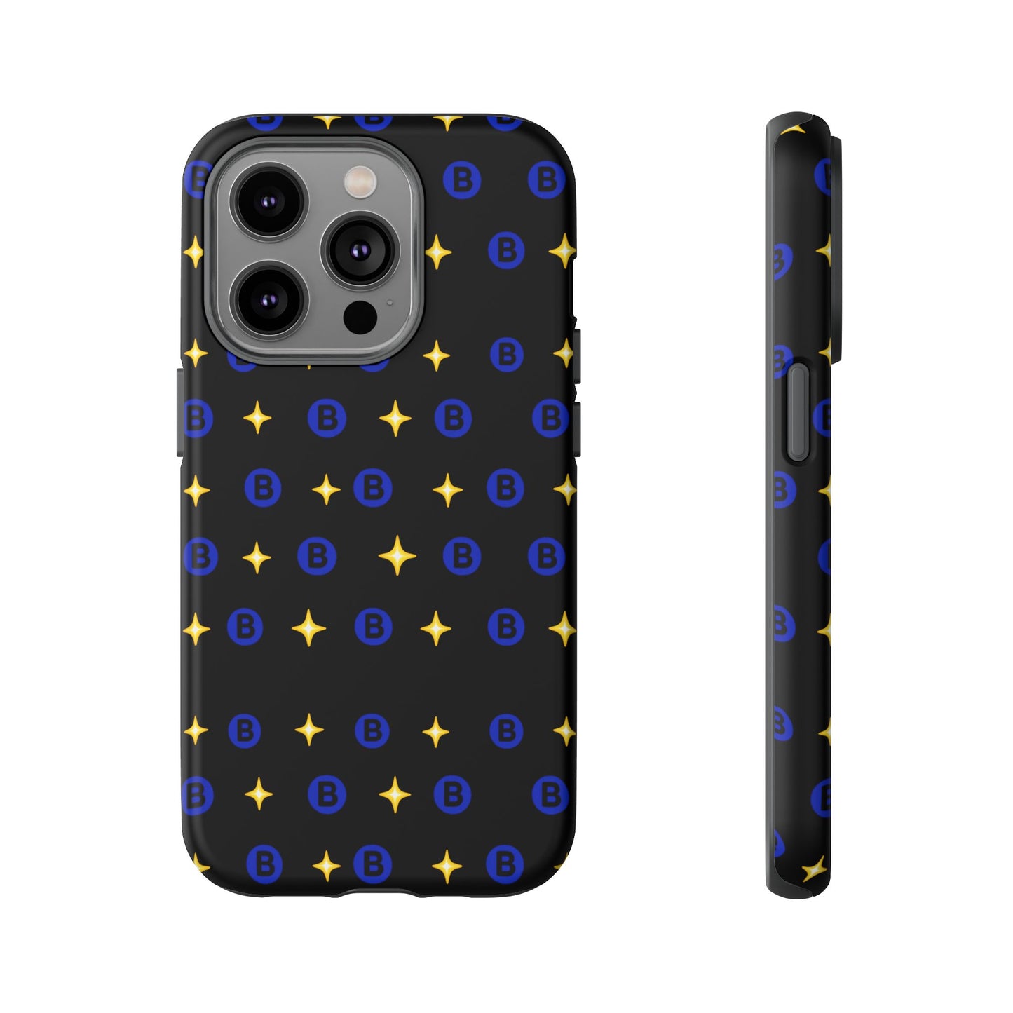 Bitcoin Pattern Tough Phone Case — Blue B Logo & Gold Stars Protective Cover