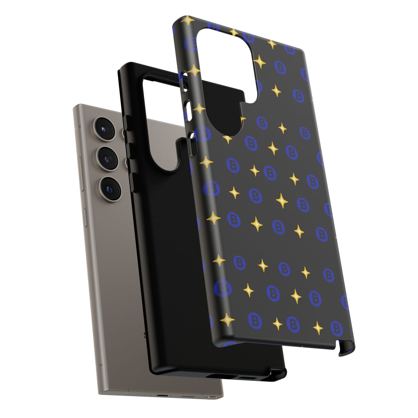 Bitcoin Pattern Tough Phone Case — Blue B Logo & Gold Stars Protective Cover