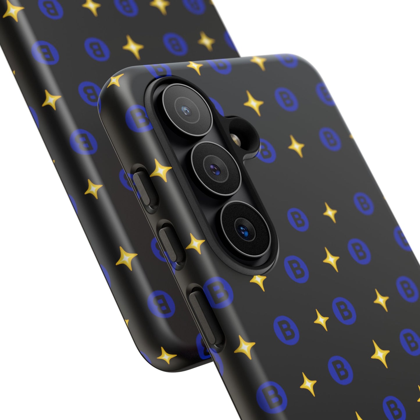 Bitcoin Pattern Tough Phone Case — Blue B Logo & Gold Stars Protective Cover